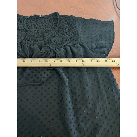 Zara Flare Blouse S Black Draped Loose Fit Tie Front Smocked Pleated Flounce Top - Picture 6 of 11